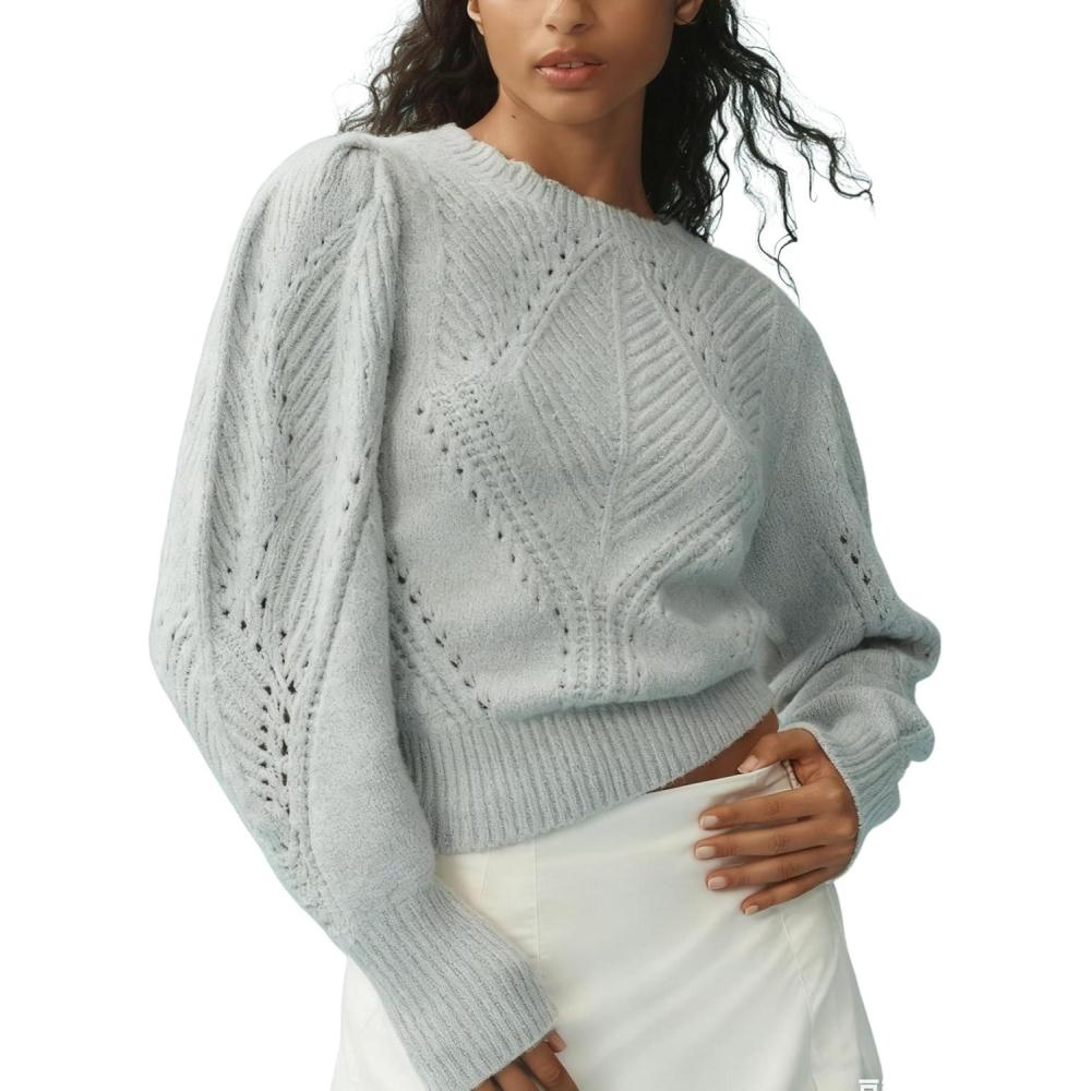 imageSpringrain Womens Puff Long Sleeve Sweater Scalloped Collar Solid Casual Knit Pullover Sweater TopsLightgrey