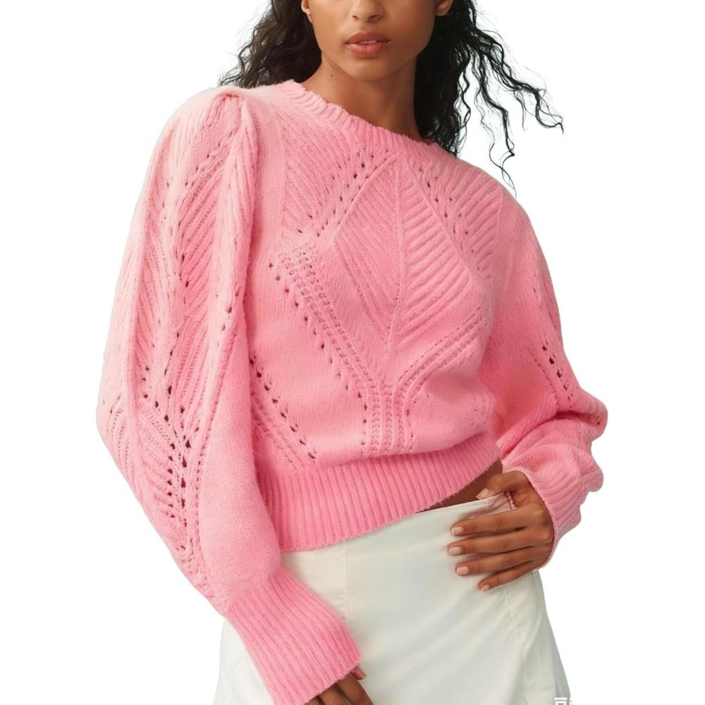 imageSpringrain Womens Puff Long Sleeve Sweater Scalloped Collar Solid Casual Knit Pullover Sweater TopsPink