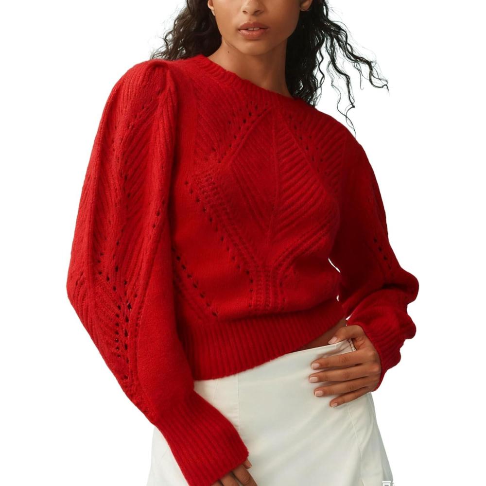 imageSpringrain Womens Puff Long Sleeve Sweater Scalloped Collar Solid Casual Knit Pullover Sweater TopsRed