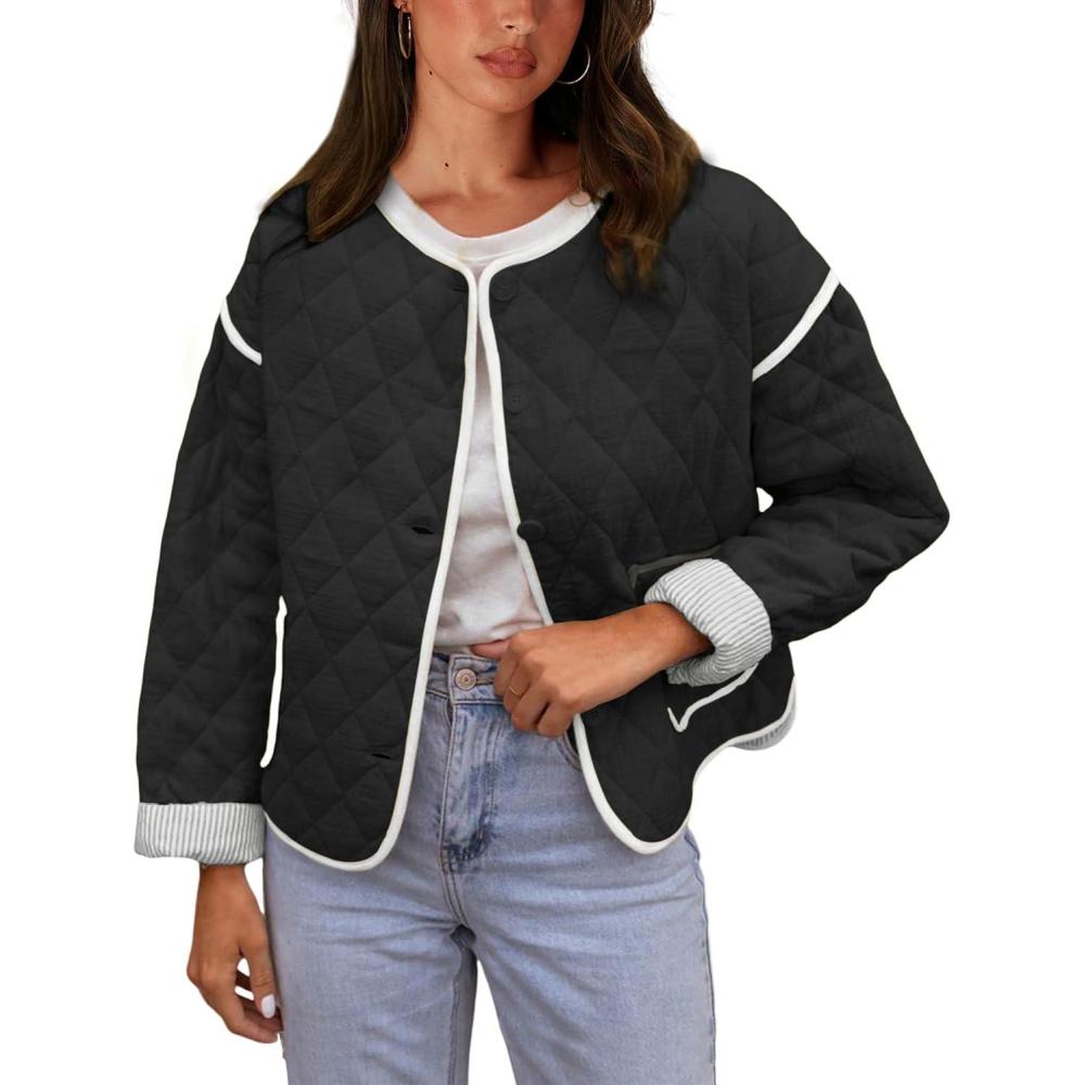 imageSpringrain Womens Quilted Lightweight Jackets Casual Long Sleeve Button Down Puffer Coat with PocketsBlack