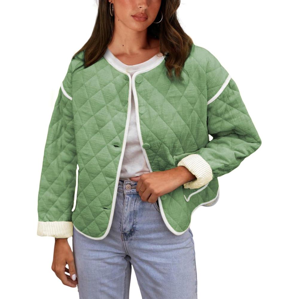 imageSpringrain Womens Quilted Lightweight Jackets Casual Long Sleeve Button Down Puffer Coat with PocketsGreen