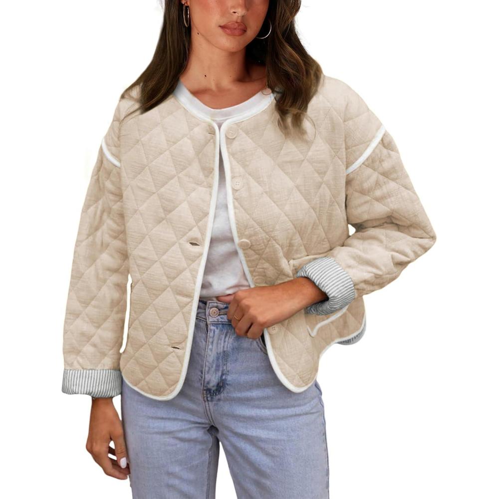 imageSpringrain Womens Quilted Lightweight Jackets Casual Long Sleeve Button Down Puffer Coat with PocketsKhaki