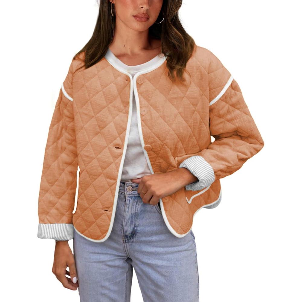 imageSpringrain Womens Quilted Lightweight Jackets Casual Long Sleeve Button Down Puffer Coat with PocketsOrange