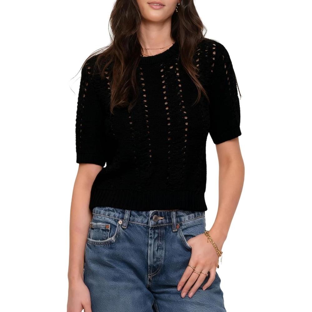 imageSpringrain Womens Short Sleeve Sweaters Crewneck Knit Crochet Top Cropped Hollow Out Tops Pullover ShirtBlack