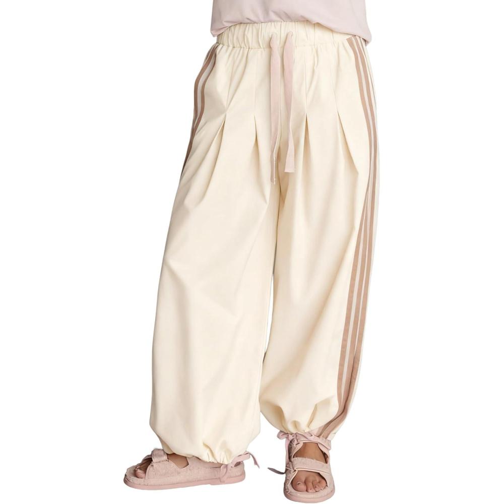 imageSpringrain Womens Striped Wide Leg Track Pants Baggy High Rise Drawstring Lounge Pants with PocketsBeige