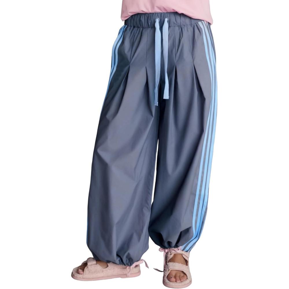 imageSpringrain Womens Striped Wide Leg Track Pants Baggy High Rise Drawstring Lounge Pants with PocketsBluegrey