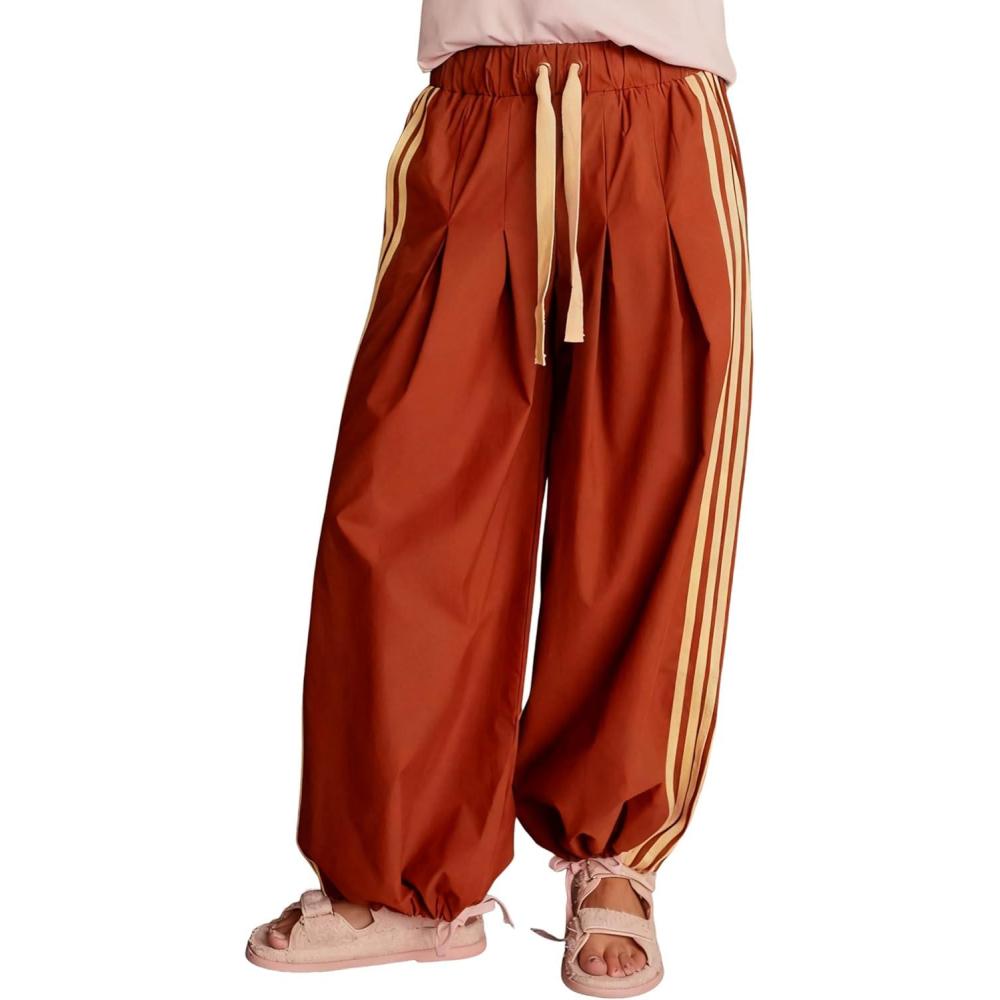 imageSpringrain Womens Striped Wide Leg Track Pants Baggy High Rise Drawstring Lounge Pants with PocketsRust