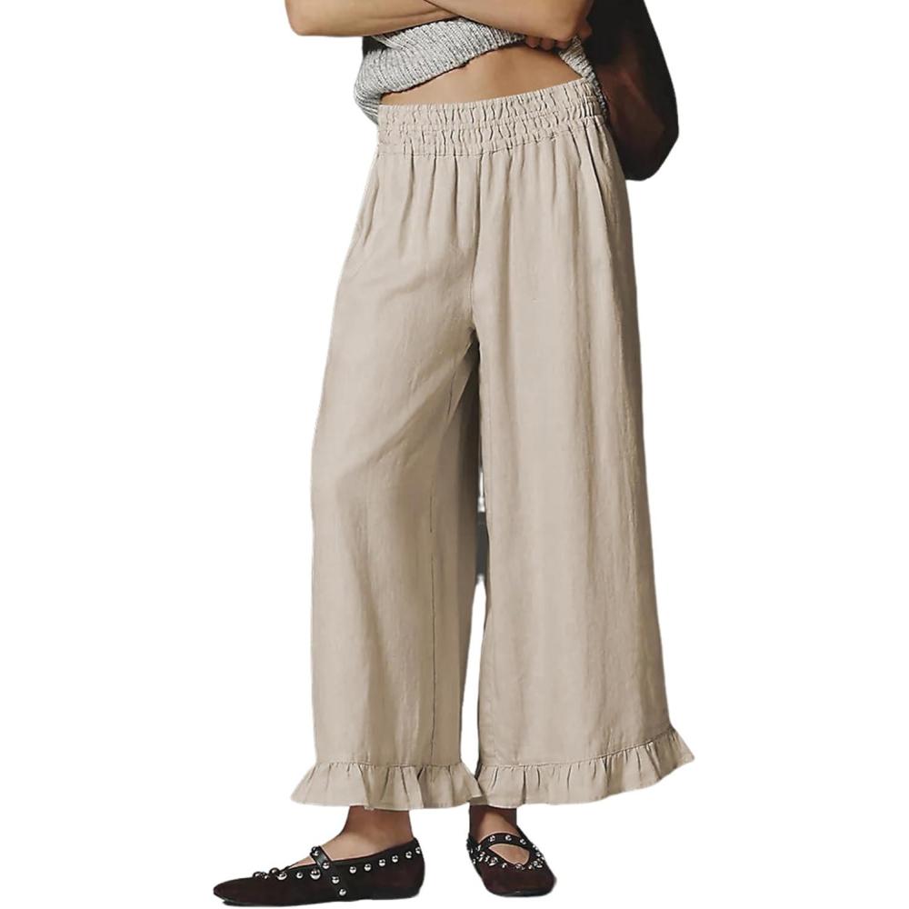 imageSpringrain Womens Wide Leg Linen Pants Casual Boho Beach High Waist Flowy Palazzo Pants with Ruffle HemBeige