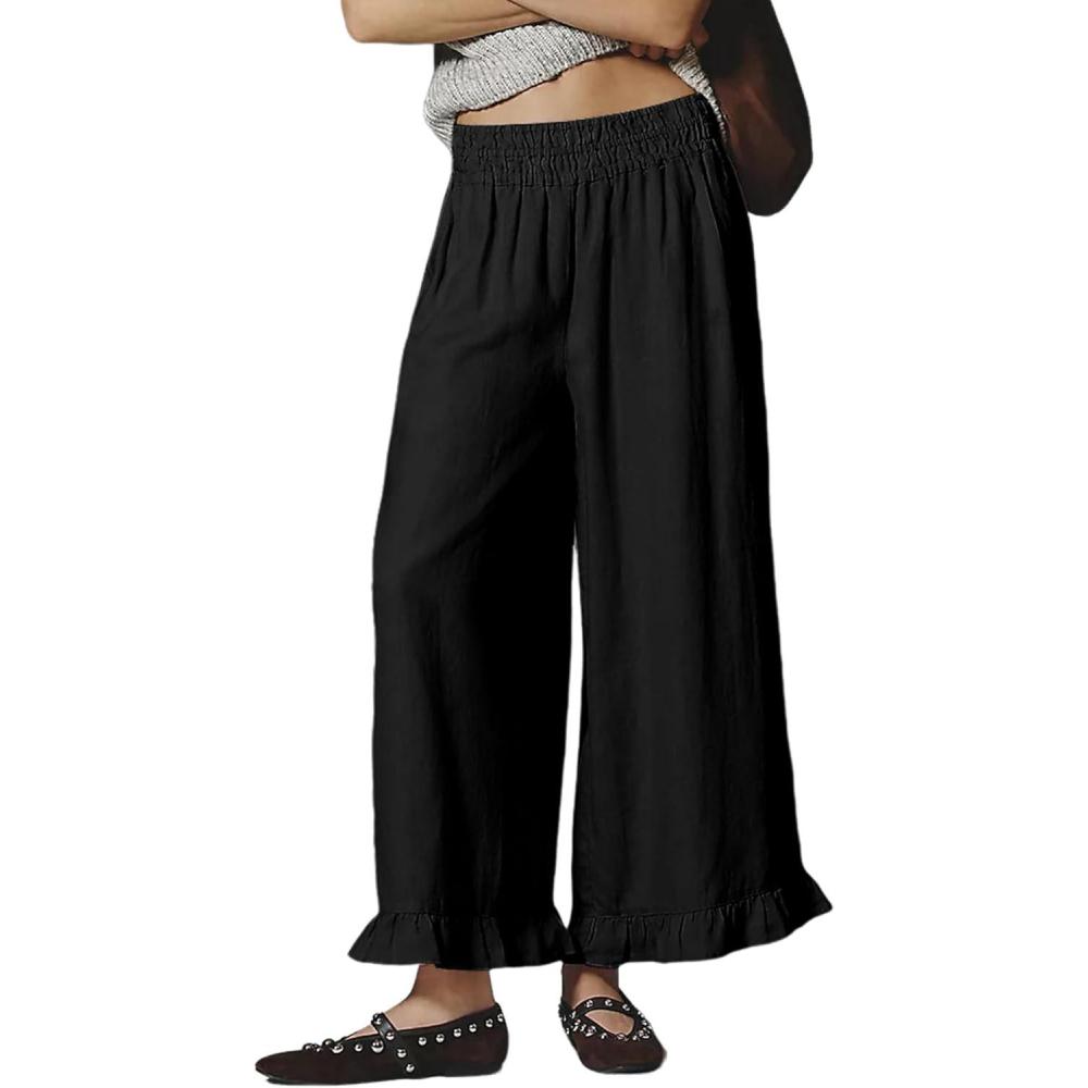 imageSpringrain Womens Wide Leg Linen Pants Casual Boho Beach High Waist Flowy Palazzo Pants with Ruffle HemBlack