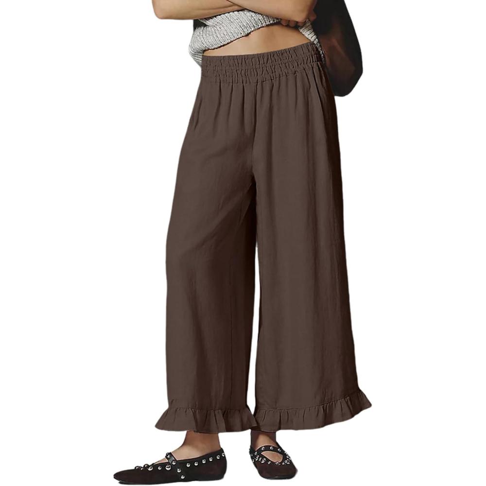 imageSpringrain Womens Wide Leg Linen Pants Casual Boho Beach High Waist Flowy Palazzo Pants with Ruffle HemCoffee