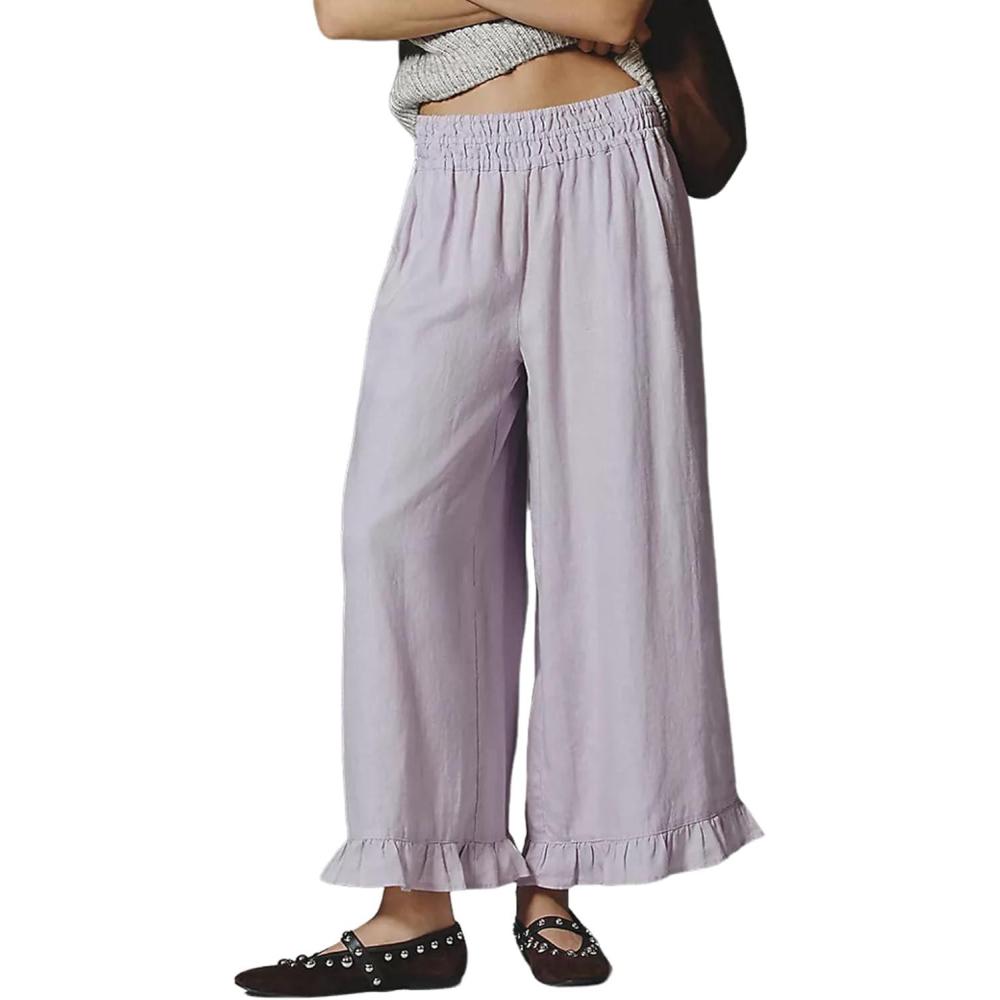 imageSpringrain Womens Wide Leg Linen Pants Casual Boho Beach High Waist Flowy Palazzo Pants with Ruffle HemLightpurple