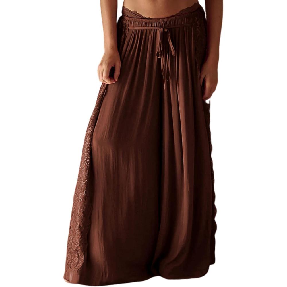 imageSpringrain Womens Wide Leg Palazzo Pants High Waisted Flowy Lounge Trousers Boho Pants with Lace PanelBrown