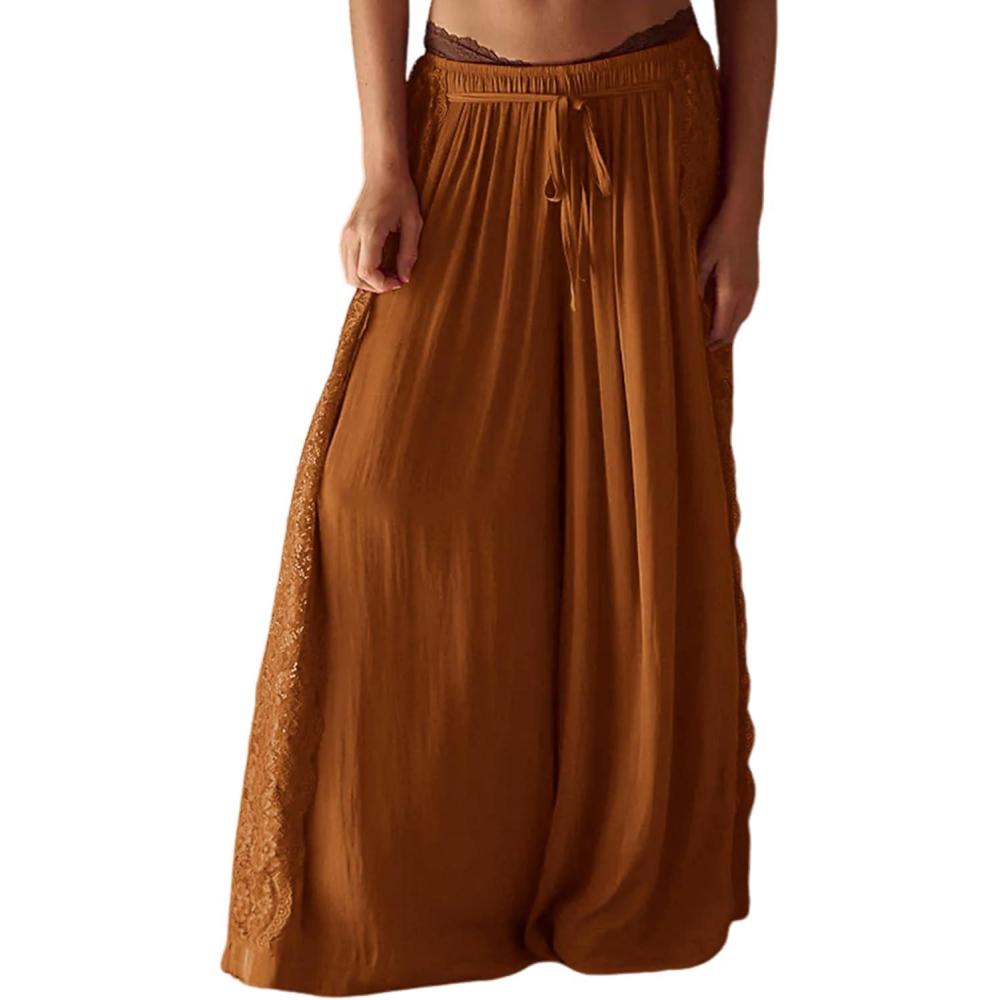 imageSpringrain Womens Wide Leg Palazzo Pants High Waisted Flowy Lounge Trousers Boho Pants with Lace PanelCaramel