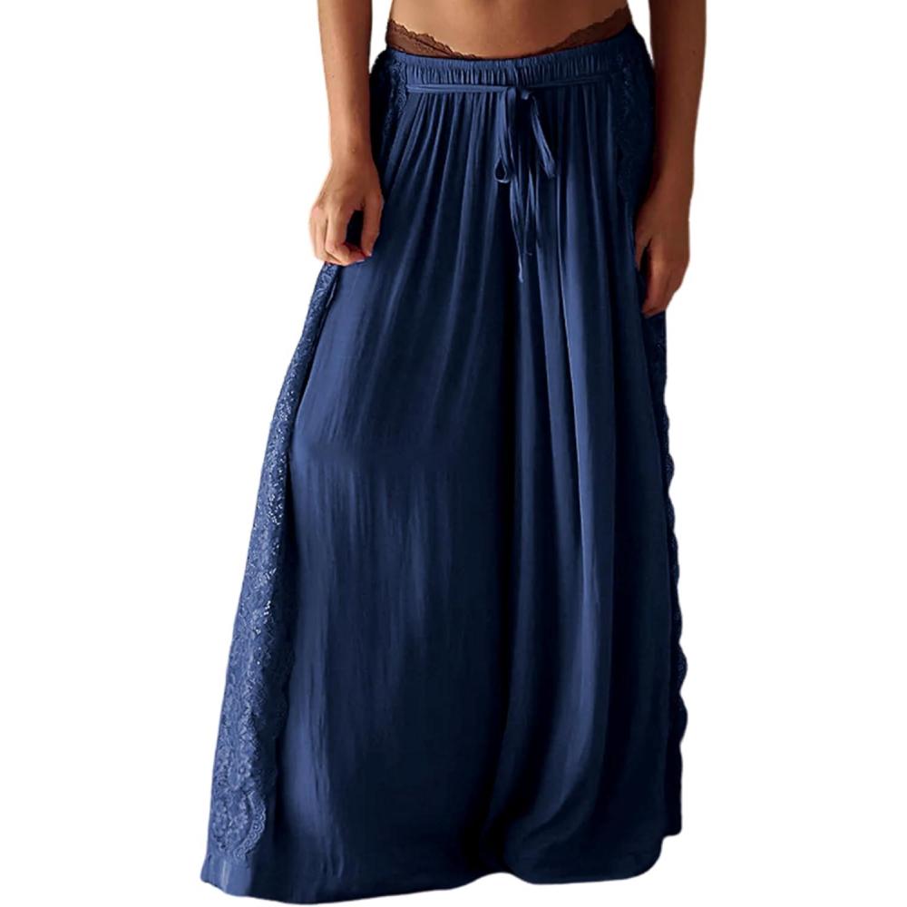 imageSpringrain Womens Wide Leg Palazzo Pants High Waisted Flowy Lounge Trousers Boho Pants with Lace PanelNavy