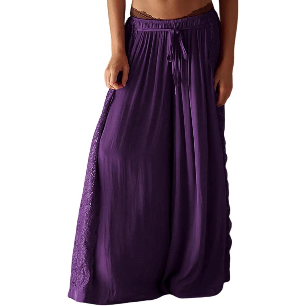 imageSpringrain Womens Wide Leg Palazzo Pants High Waisted Flowy Lounge Trousers Boho Pants with Lace PanelPurple