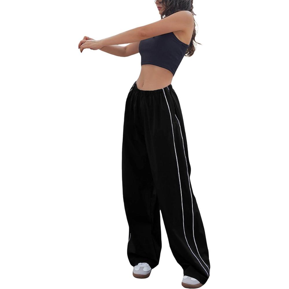 imageSpringrain Womens Wide Leg Track Pants Slouchy Stripe Detail Jogger Sweatpants with PocketsBlack