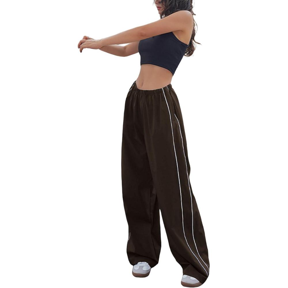 imageSpringrain Womens Wide Leg Track Pants Slouchy Stripe Detail Jogger Sweatpants with PocketsBrown