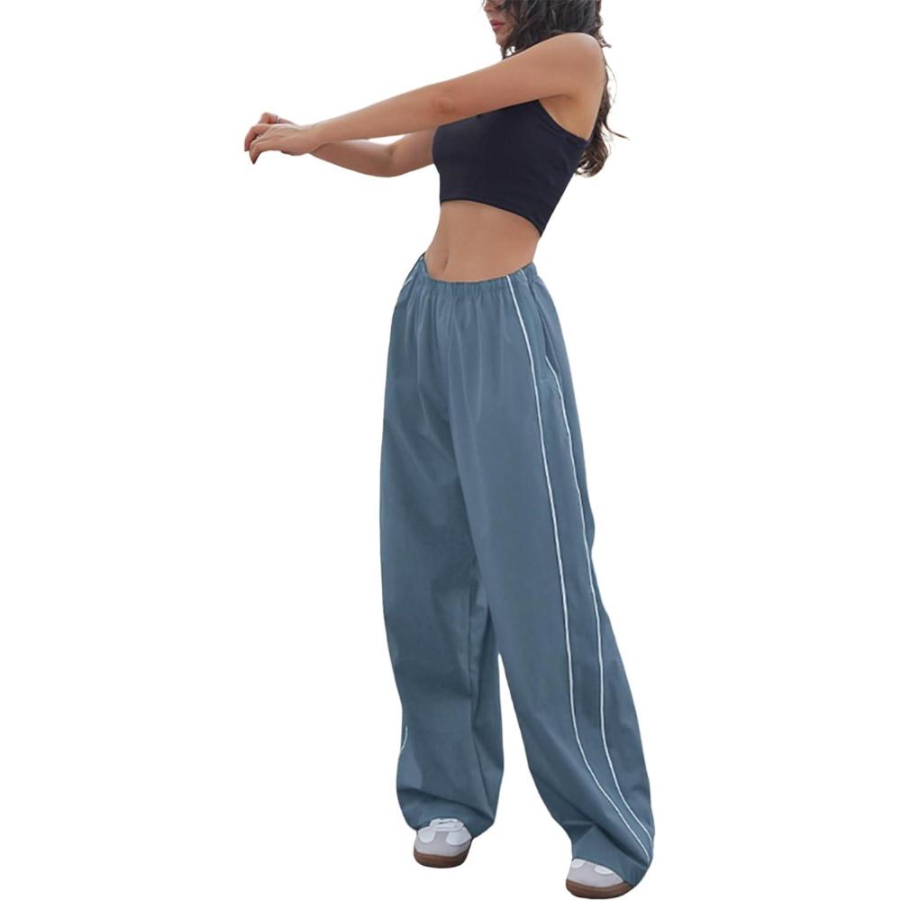 imageSpringrain Womens Wide Leg Track Pants Slouchy Stripe Detail Jogger Sweatpants with PocketsDustyblue