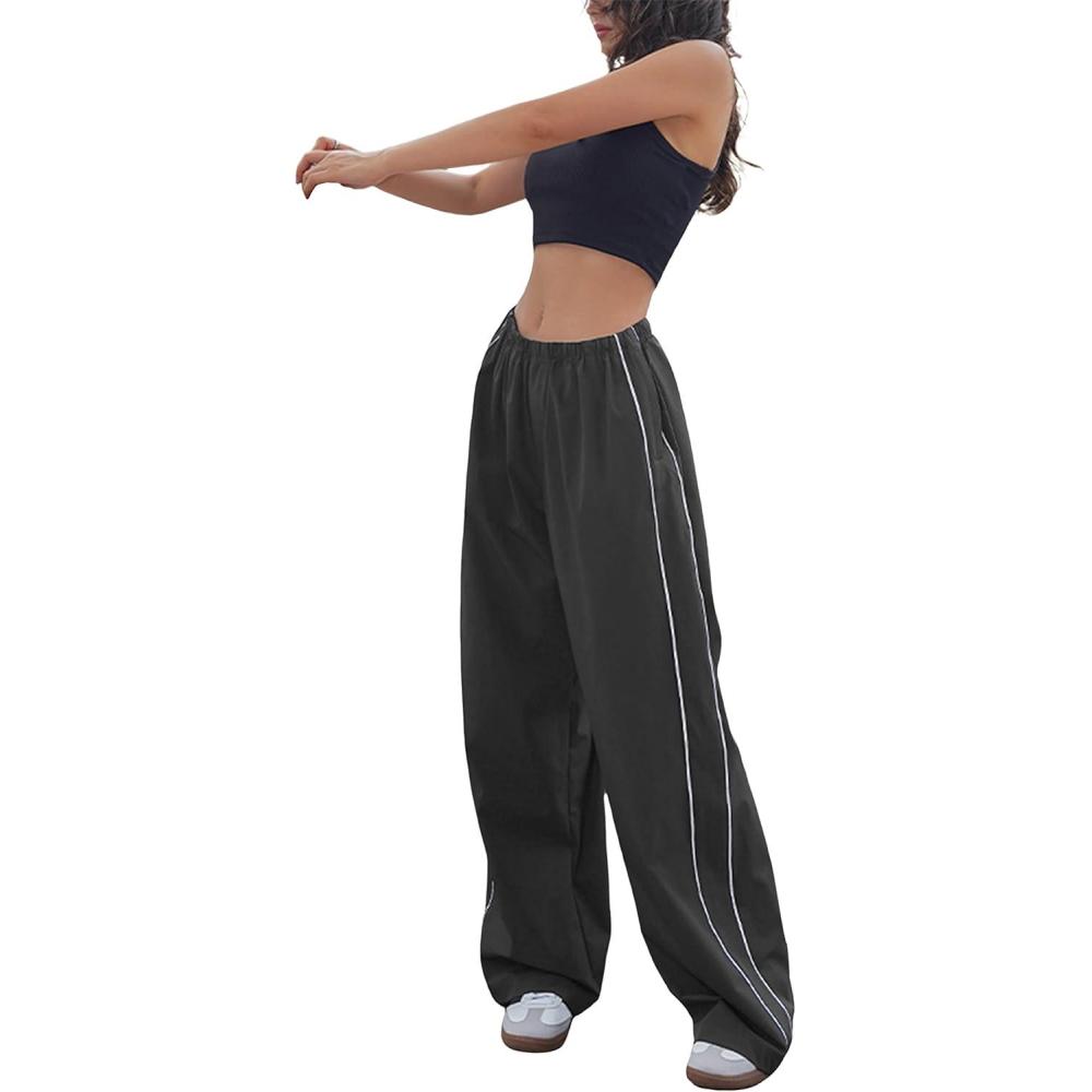 imageSpringrain Womens Wide Leg Track Pants Slouchy Stripe Detail Jogger Sweatpants with PocketsGrey