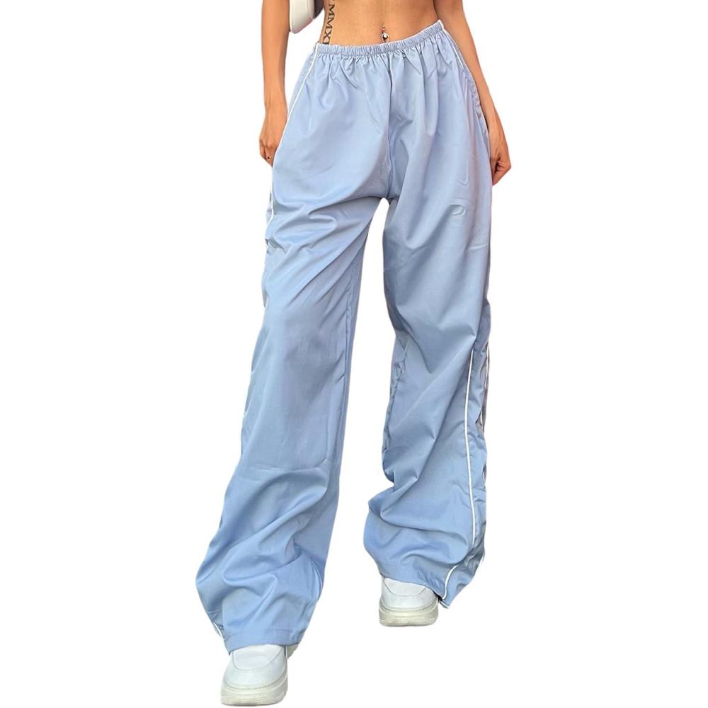 imageSpringrain Womens Wide Leg Track Pants Slouchy Stripe Detail Jogger Sweatpants with PocketsLightblue