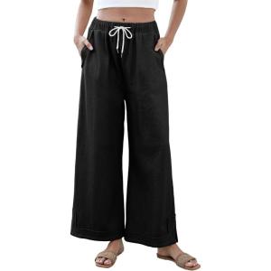Springrain Womens Baggy Wide Leg Pants Casual Loose Cotton Drawstring Elastic Waisted Palazzo Pants with Pockets(Black)