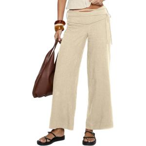 Springrain Women’s Cotton Linen Pants Summer Y2k Tie up Waist Pants Casual Wide Leg Beach Trousers Streetwear(Apricot)