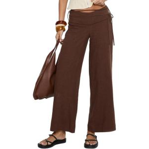 Springrain Women’s Cotton Linen Pants Summer Y2k Tie up Waist Pants Casual Wide Leg Beach Trousers Streetwear(Brown)