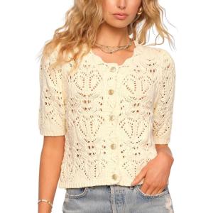 Springrain Women’s Crochet Cardigan Short Sleeve Hollow Out Knit Top Cropped Button Down Sweater Shirt(Beige)