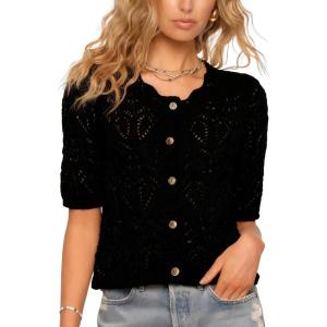 Springrain Women’s Crochet Cardigan Short Sleeve Hollow Out Knit Top Cropped Button Down Sweater Shirt(Black)