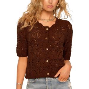 Springrain Women’s Crochet Cardigan Short Sleeve Hollow Out Knit Top Cropped Button Down Sweater Shirt(Coffee)