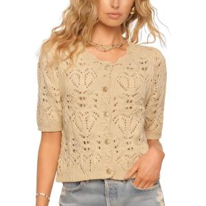 Springrain Women’s Crochet Cardigan Short Sleeve Hollow Out Knit Top Cropped Button Down Sweater Shirt(Khaki)