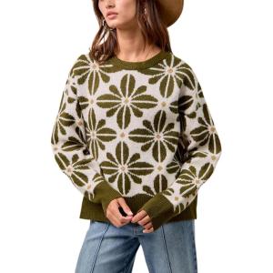 Springrain Women’s Floral Printed Sweater Casual Long Sleeve Knit Top Crew Neck Sweaters Pullover(Armygreen)