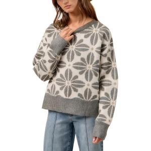Springrain Women’s Floral Printed Sweater Casual Long Sleeve Knit Top Crew Neck Sweaters Pullover(Grey)