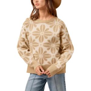 Springrain Women’s Floral Printed Sweater Casual Long Sleeve Knit Top Crew Neck Sweaters Pullover(Khaki)