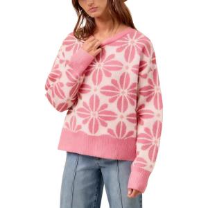 Springrain Women’s Floral Printed Sweater Casual Long Sleeve Knit Top Crew Neck Sweaters Pullover(Pink)