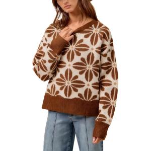 Springrain Women’s Floral Printed Sweater Casual Long Sleeve Knit Top Crew Neck Sweaters Pullover(Rust)