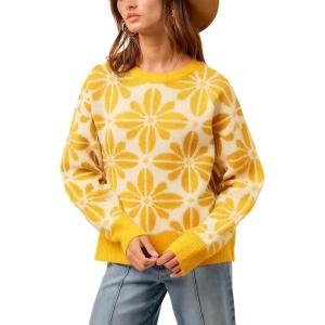 Springrain Women’s Floral Printed Sweater Casual Long Sleeve Knit Top Crew Neck Sweaters Pullover(Yellow)