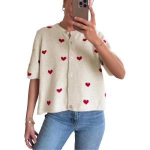 Springrain Womens Lightweight Short Sleeve Cardigan Button down Cropped Cute Heart Sweaters Knitwear(Apricot)