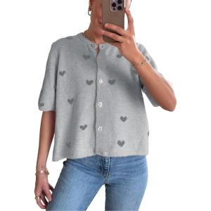 Springrain Womens Lightweight Short Sleeve Cardigan Button down Cropped Cute Heart Sweaters Knitwear(Grey)