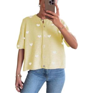 Springrain Womens Lightweight Short Sleeve Cardigan Button down Cropped Cute Heart Sweaters Knitwear(Yellow)