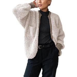 Springrain Womens Open Front Cardigan Color Block Long Sleeve Chunky Cardigan Loose Knit Sweaters Outwear(Beige)