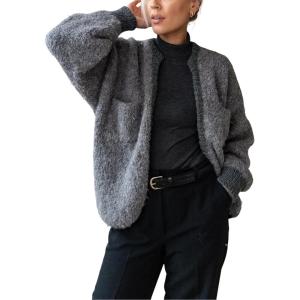 Springrain Womens Open Front Cardigan Color Block Long Sleeve Chunky Cardigan Loose Knit Sweaters Outwear(Darkgrey)