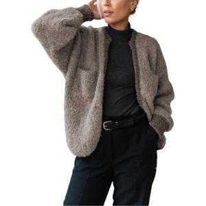 Springrain Womens Open Front Cardigan Color Block Long Sleeve Chunky Cardigan Loose Knit Sweaters Outwear(Greykhaki)