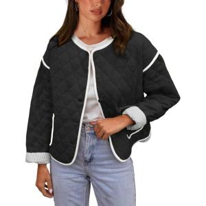Springrain Women’s Quilted Lightweight Jackets Casual Long Sleeve Button Down Puffer Coat with Pockets(Black)