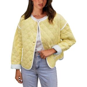 Springrain Women’s Quilted Lightweight Jackets Casual Long Sleeve Button Down Puffer Coat with Pockets(Yellow)