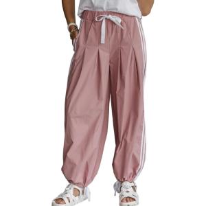 Springrain Women’s Striped Wide Leg Track Pants Baggy High Rise Drawstring Lounge Pants with Pockets(Pink)
