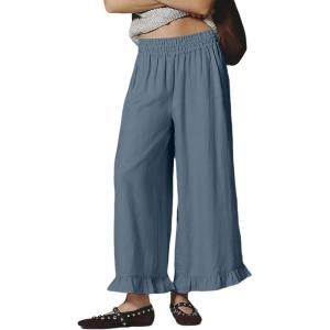Springrain Women’s Wide Leg Linen Pants Casual Boho Beach High Waist Flowy Palazzo Pants with Ruffle Hem(Blue)
