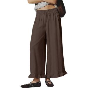 Springrain Women’s Wide Leg Linen Pants Casual Boho Beach High Waist Flowy Palazzo Pants with Ruffle Hem(Coffee)