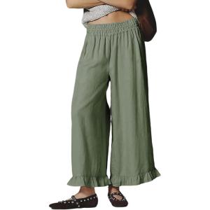 Springrain Women’s Wide Leg Linen Pants Casual Boho Beach High Waist Flowy Palazzo Pants with Ruffle Hem(Green)