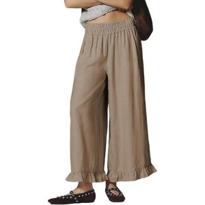 Springrain Women’s Wide Leg Linen Pants Casual Boho Beach High Waist Flowy Palazzo Pants with Ruffle Hem(Khaki)